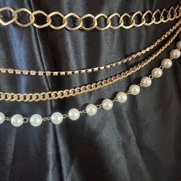 Vtg Pendant Draping Waist Chain Faux Pearl Gold Multi Layer Jewelry Fashion Belt